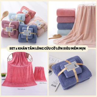 Khăn tắm lông cừu , set 2 khăn tắm lông cừu xuất hàn cỡ lớn siêu mềm mịn thấm hút nước