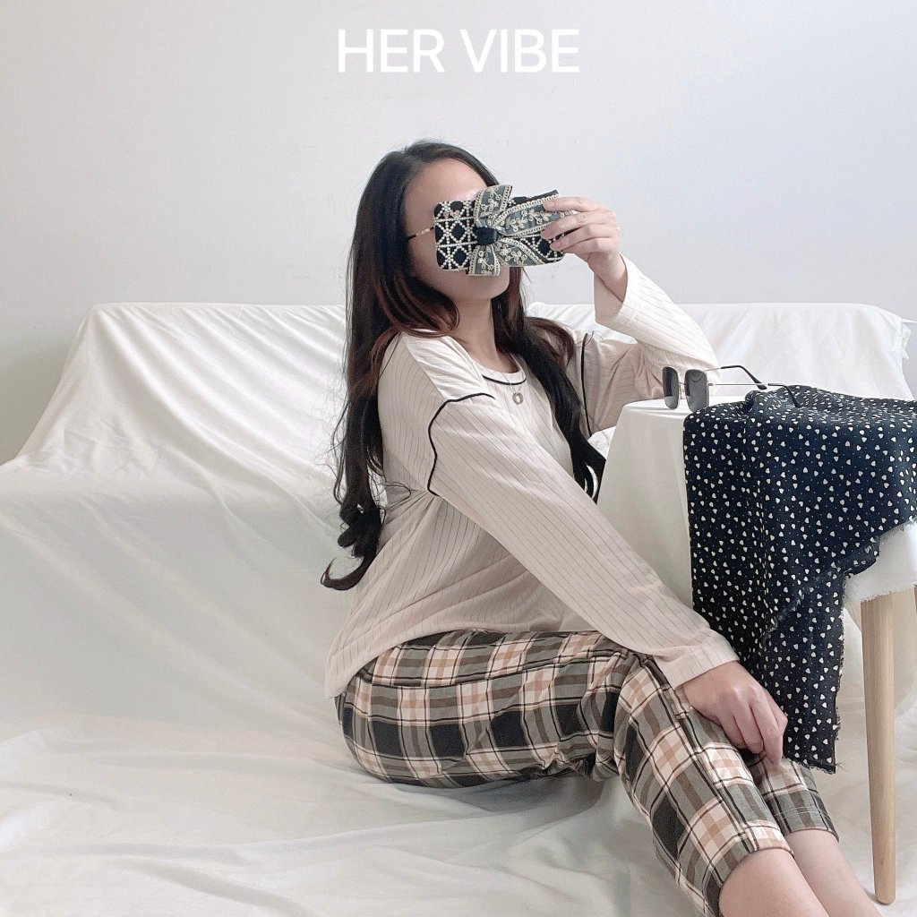 Quần caro thu đông mềm mại tách lẻ trong đồ bộ pyjama nữ mặc nhà Her Vibe