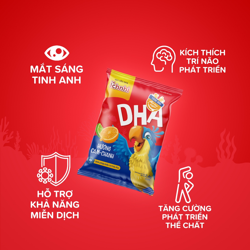 Kẹo dẻo DHA Ích Nhi phát triển trí não, tăng cường thị lực, giảm mỏi mắt cho bé, hương trái cây, dây 10 gói x 24g