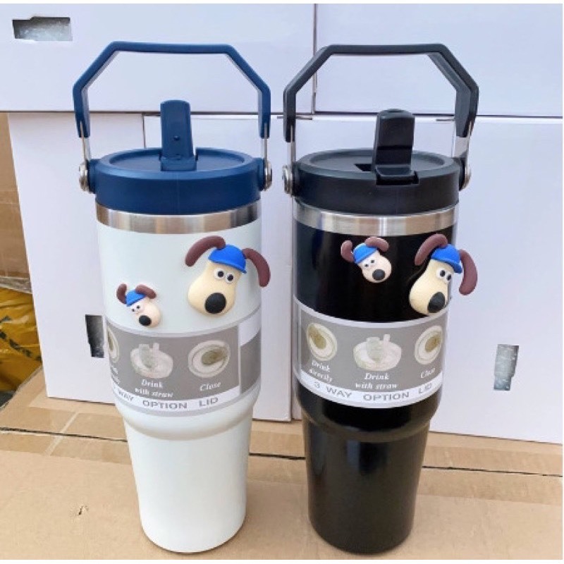 Bình giữ nhiệt inox 900ml có quai xách, Cốc uống nước tặng kèm nắp và charm cún
