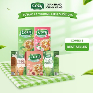 Combo 5 best seller: trà đào, trà chanh, trà vải, trà sữa matcha, trà sữa anh quốc cozy thanh nhiệt, giải khát