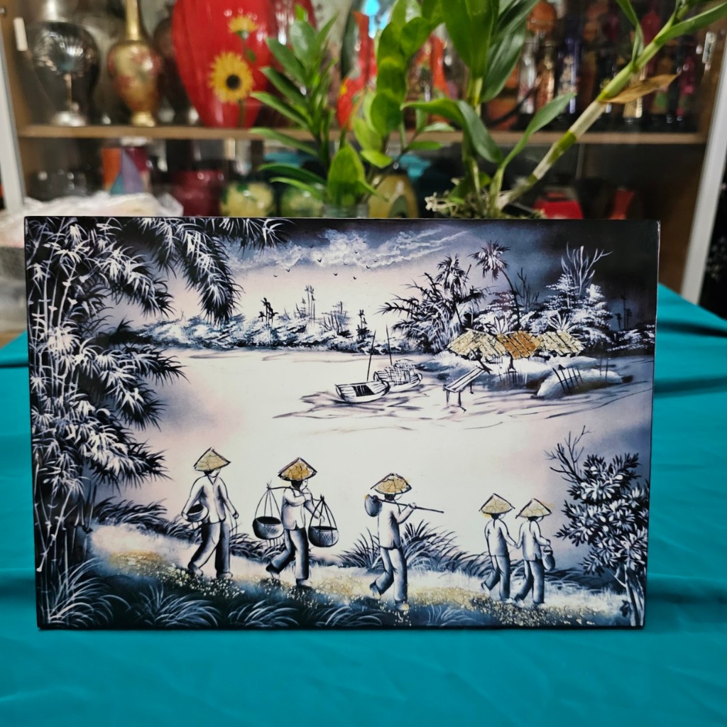 Tranh sơn mài đồng quê vẽ màu kết hợp cẩn vỏ trứng đẹp Thanh Bình Lê, hàng xuất khẩu 20x30 cm