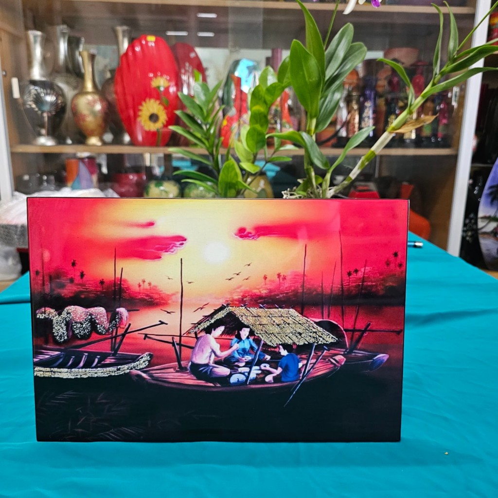 Tranh sơn mài đồng quê vẽ màu kết hợp cẩn vỏ trứng đẹp Thanh Bình Lê, hàng xuất khẩu 20x30 cm