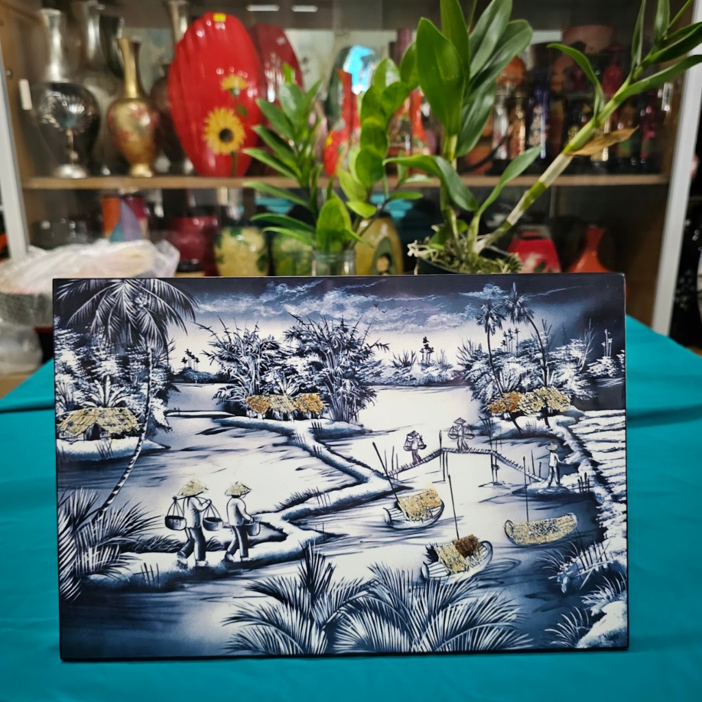 Tranh sơn mài đồng quê vẽ màu kết hợp cẩn vỏ trứng đẹp Thanh Bình Lê, hàng xuất khẩu 20x30 cm