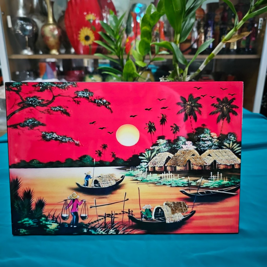 Tranh sơn mài đồng quê vẽ màu kết hợp cẩn vỏ trứng đẹp Thanh Bình Lê, hàng xuất khẩu 20x30 cm