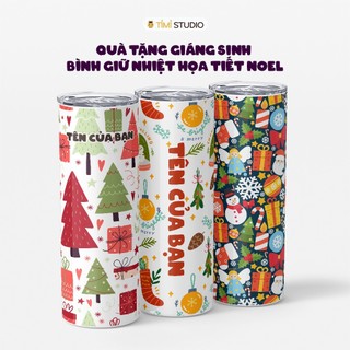  Bình Giữ Nhiệt Họa Tiết Cây Thông Noel - 600ml - Tặng Túi Đựng + Ống Hút Inox - Tỉ Mỉ Studio