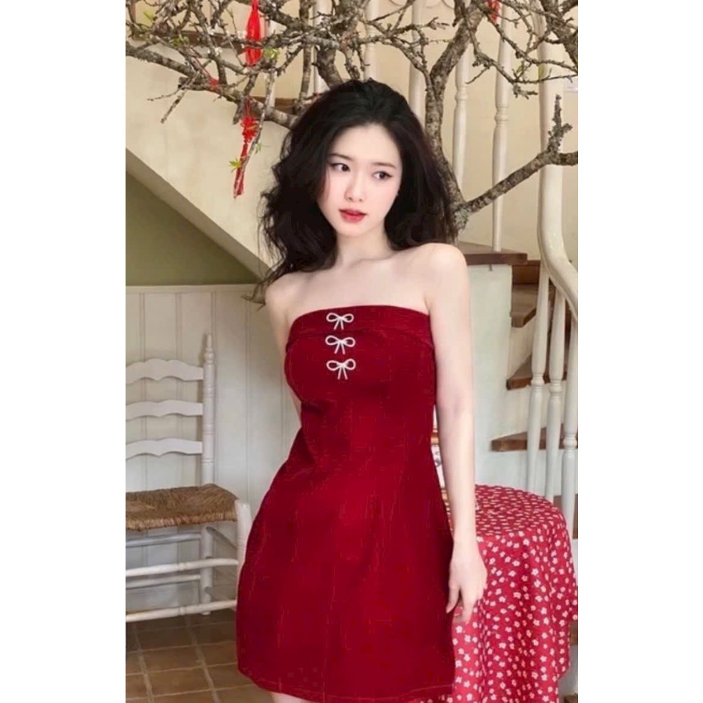 Váy cúp ngực đỏ, đầm váy nhung màu đỏ rực rỡ cho nàng mặc đi tiệc, Tết, Noel sang chảnh( kèm tag đá) Hàng Loại 1 chuẩn
