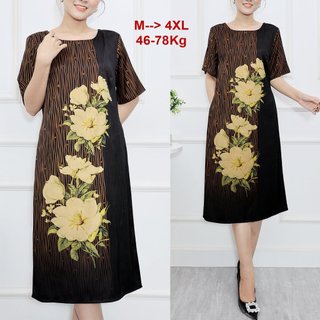 Quà Cho Mẹ U50 U60 - Đầm Dự Tiệc Trung Niên Suông Vải Lụa Pháp Bigsize Giấu Bụng Cao Cấp In Hoa Trà Thanh Lịch 3385