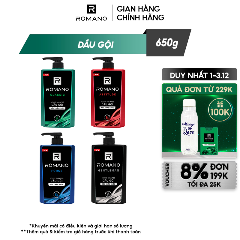 Dầu gội Romano hương nước hoa Classic/ Force/ Attitude/ Gentleman 650g/chai - 4 mùi hương có sẵn