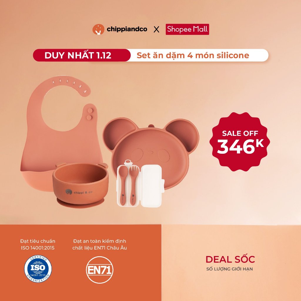 [DEAL SỐC] Set ăn dặm 4 món, 5 món chia ngăn silicone CHIPPIANDCO màu cam đất, xanh rêu hình gấu có đế hít chống đổ