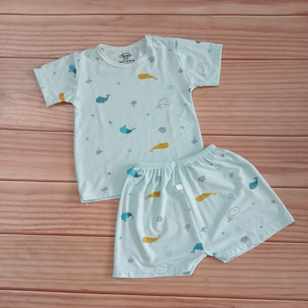 Bộ Cộc Tay Thun Lạnh Ava Cổ Tròn, Cúc Vai, Nền Mầu Họa Tiết In Tràn Chất Vải Thun Lạnh Petit Mềm, Mát