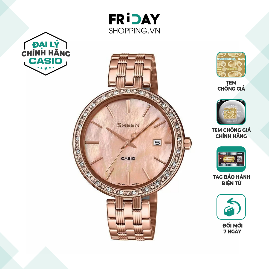 Đồng hồ Casio nữ SHE-4052PG-4AUDF khảm xà cừ dây kim loại chính hãng