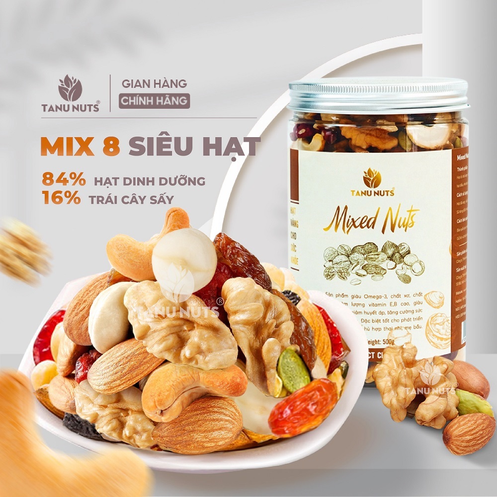 Hạt dinh dưỡng mix 8 loại TANU NUTS hũ 350g/500g, hạt ngũ cốc dinh dưỡng cho bà bầu, ăn kiêng, giảm cân