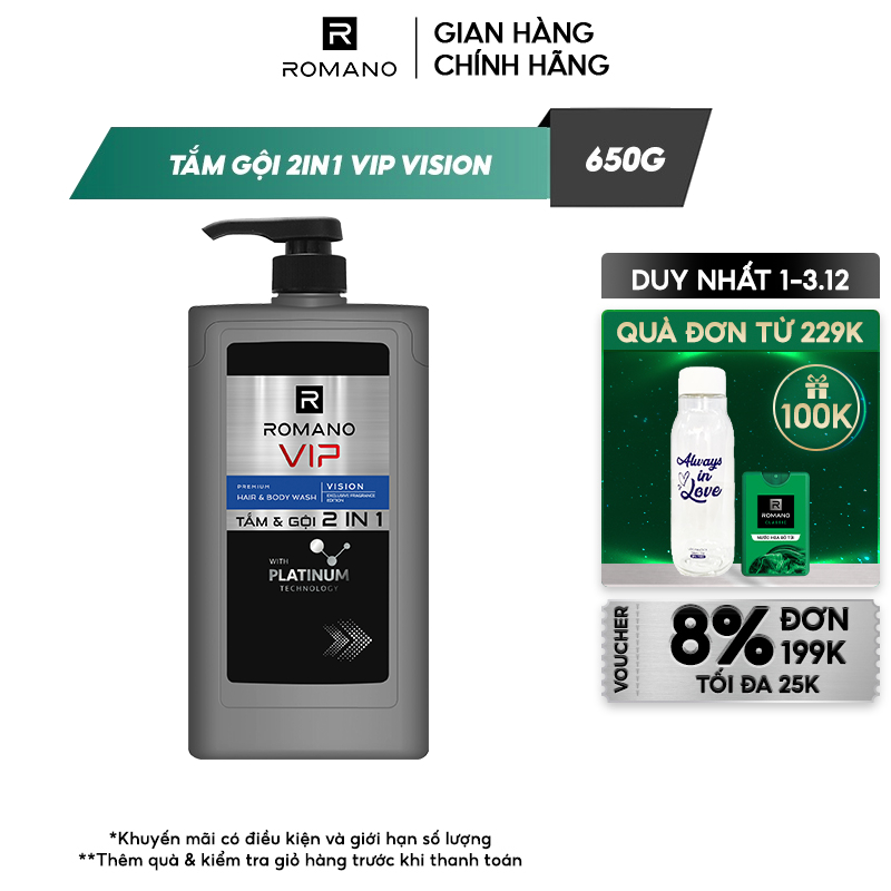 Tắm Gội Cao Cấp Romano Vip Vission/Passion Mùi Hương Bí Ẩn Nam Tính 830G