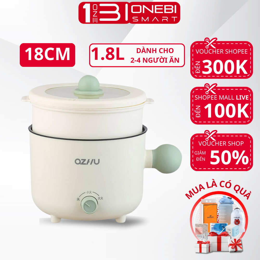 Nồi Lẩu Điện Mini Ozhu Đa Năng 2 Nấc Nhiệt Kèm Giá Hấp Có Tay Cầm Dung Tích 1.8L Công suất 600W