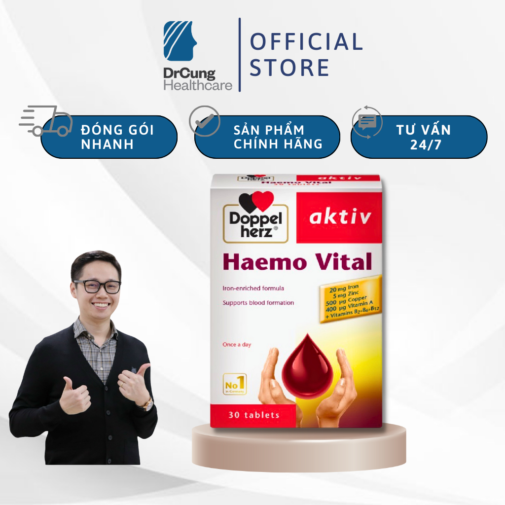 Bác Sĩ Cung Haemo Vital - Viên Uống Bổ Sung Sắt, Vitamin C, Vitamin A, Zin C, Thiếu Máu (Hộp 30 Viên)