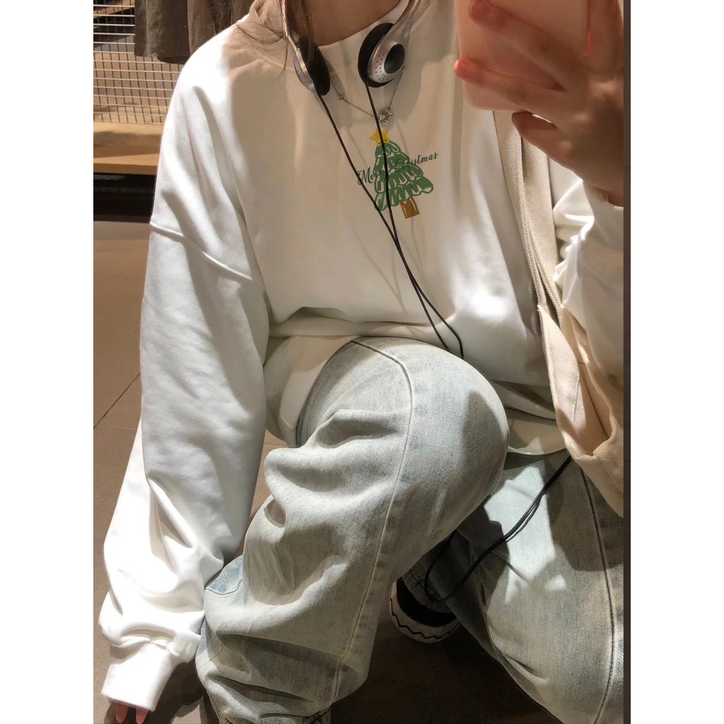 Focus local brand fashion vintage xám cây thông giáng sinh áo sweater nỉ bông nữ oversize unisex ulzzang 100%cotton