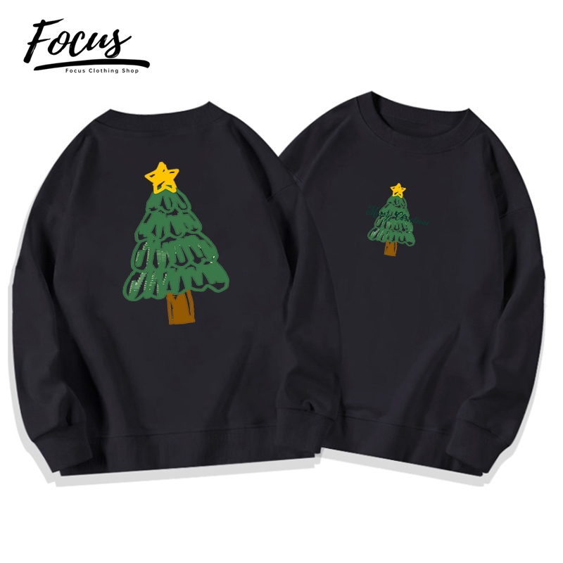 Focus local brand fashion vintage xám cây thông giáng sinh áo sweater nỉ bông nữ oversize unisex ulzzang 100%cotton