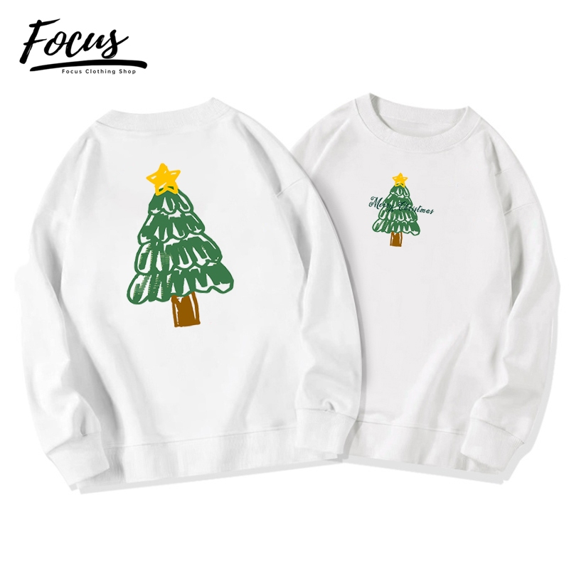 Focus local brand fashion vintage xám cây thông giáng sinh áo sweater nỉ bông nữ oversize unisex ulzzang 100%cotton