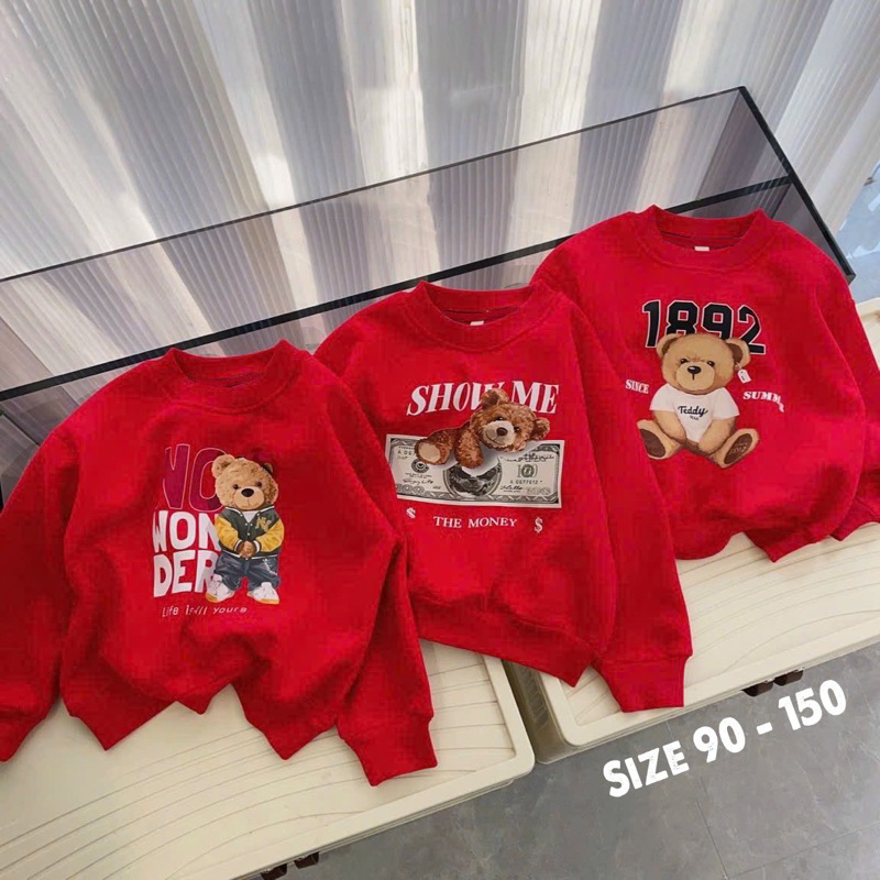 Áo nỉ bông đỏ in hình cho bé trai bé gái diện tết siêu đẹp size từ 12-35 cân