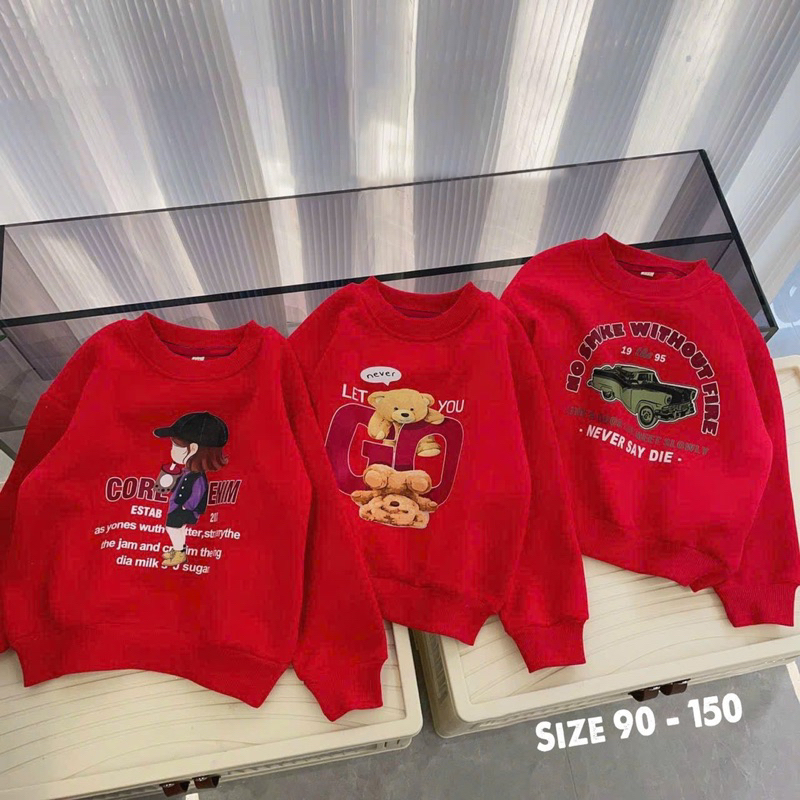 Áo nỉ bông đỏ in hình cho bé trai bé gái diện tết siêu đẹp size từ 12-35 cân