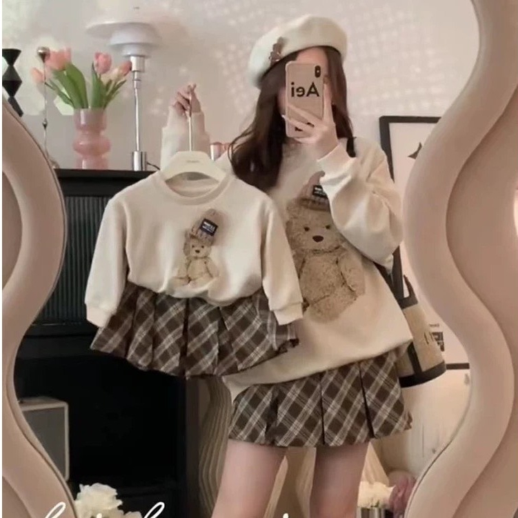 Set váy mẹ con, váy bé gái kèm áo Vintage họa tiết mũ len nổi xinh xắn Đầm bé gái thu đông Hadukids