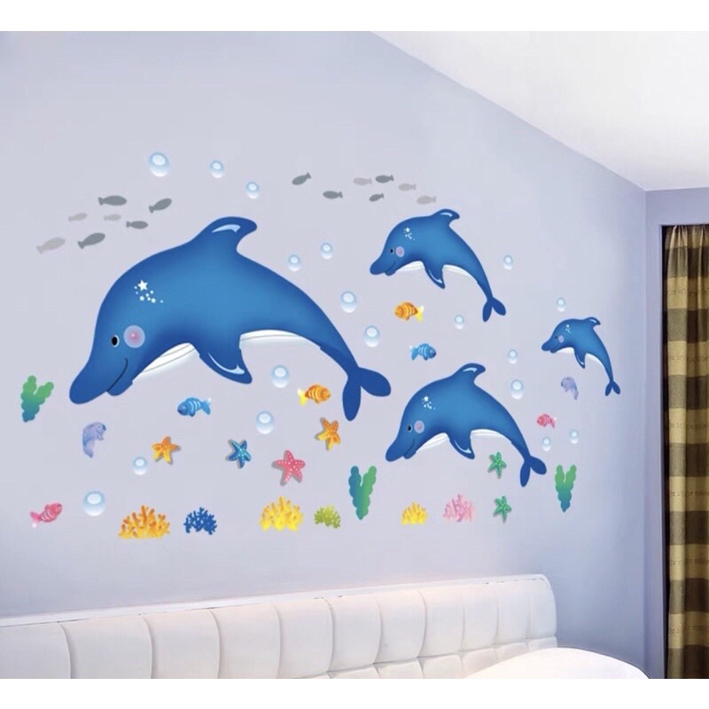 Decal dán tường trang trí dàn cá heo xanh