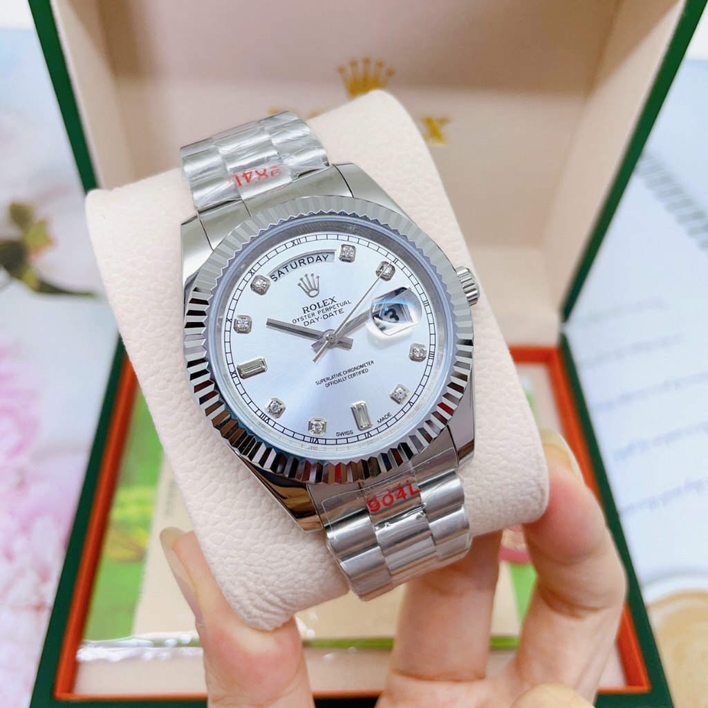 Đồng hồ Nam Rl day date 3kim vỏ trắng mặt trắng  số gạch đá nhật dòng cơ Automatic size 38mm 40mm