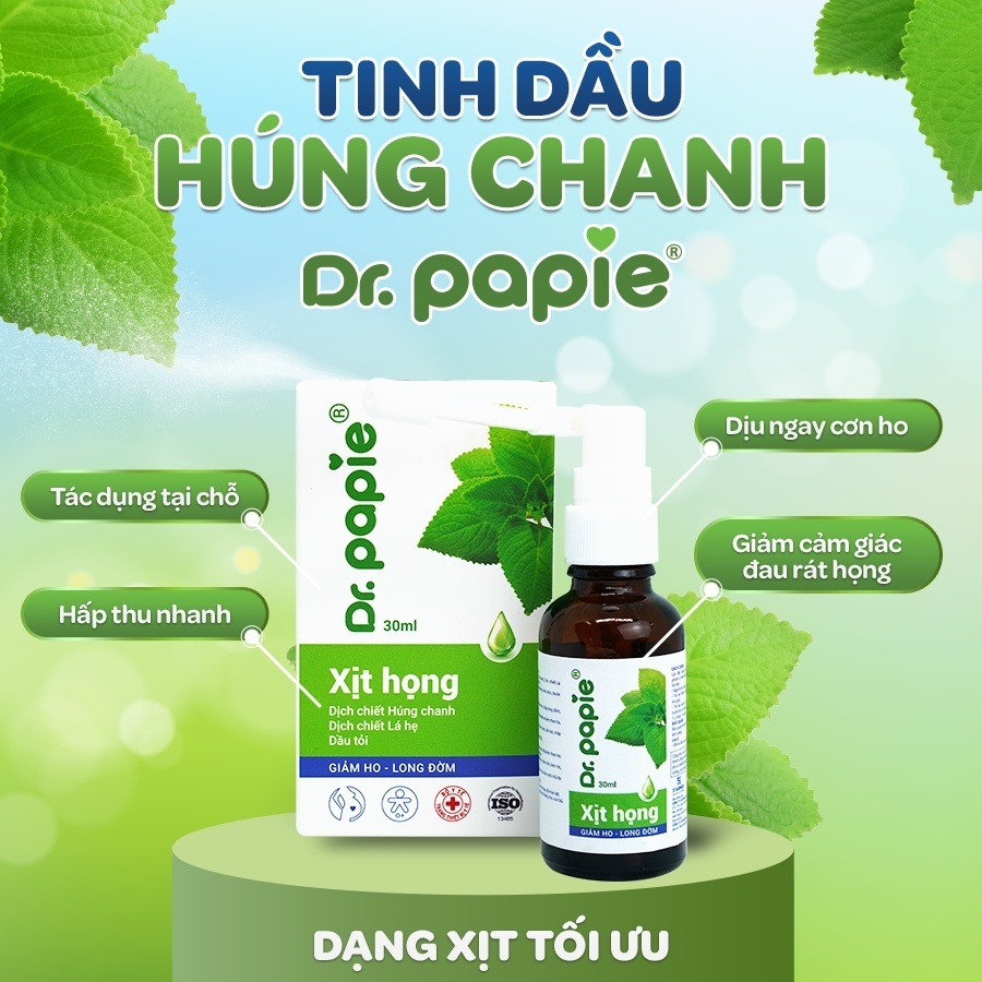 Xịt họng tinh dầu húng chanh Dr.Papie 30ml hỗ trợ giảm ho tăng sức đề kháng
