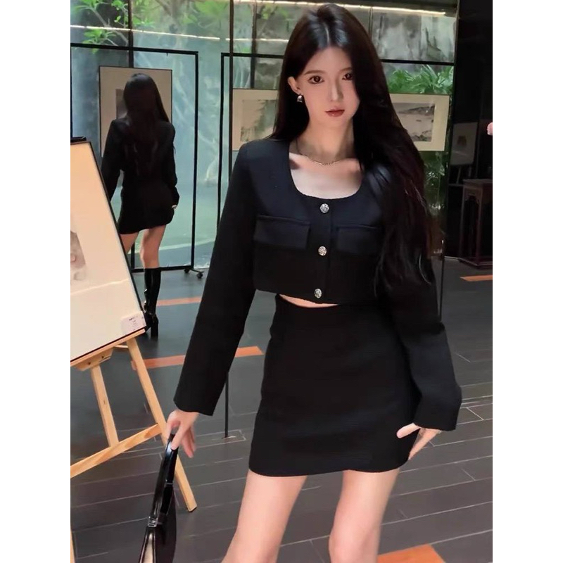 Set dạ tweed  gồm áo khoác dạ viền chân váy