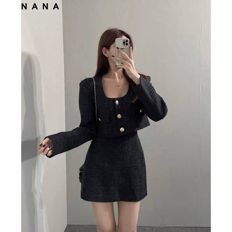 Set dạ tweed  gồm áo khoác dạ viền chân váy