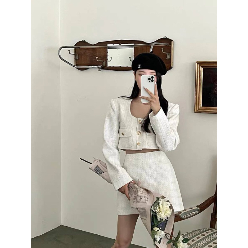 Set dạ tweed  gồm áo khoác dạ viền chân váy
