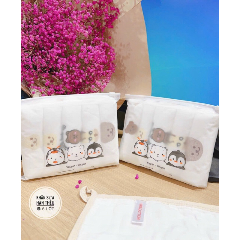 Sét 5 Khăn Sữa Trắng 6 Lớp Hello Baby Hoạ Tiết Thêu Mix Phong Cách Hàn Bé trai