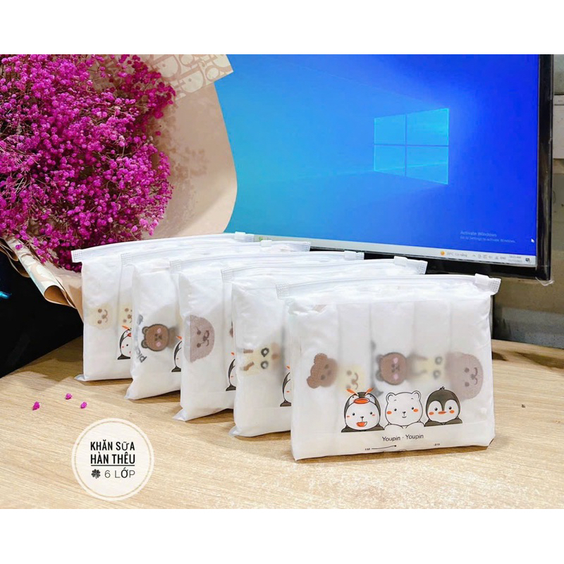 Sét 5 Khăn Sữa Trắng 6 Lớp Hello Baby Hoạ Tiết Thêu Mix Phong Cách Hàn Bé trai