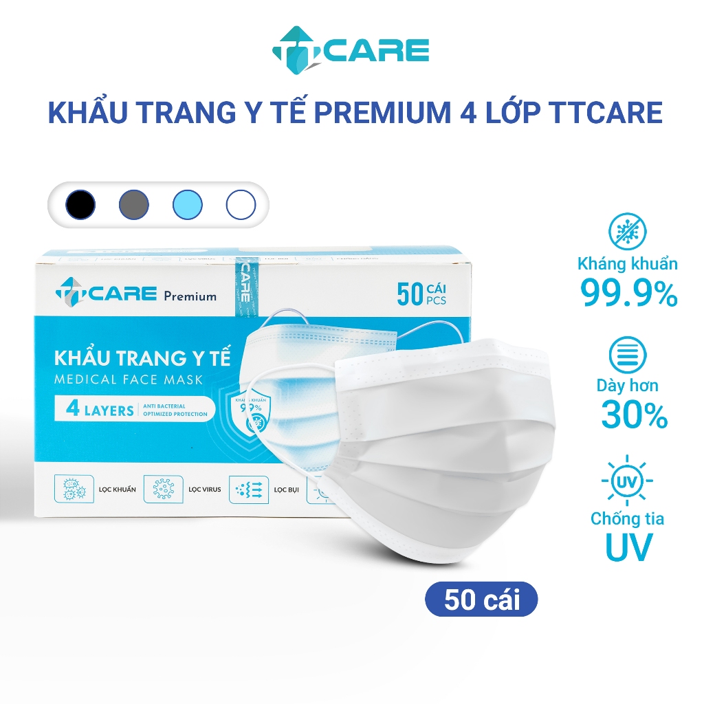 Khẩu Trang Y Tế 4 Lớp Premium Cao Cấp TTCARE Kháng Khuẩn Lên Đến 99%, Chống Nắng Chống Thấm Nước - Hộp 50 Cái