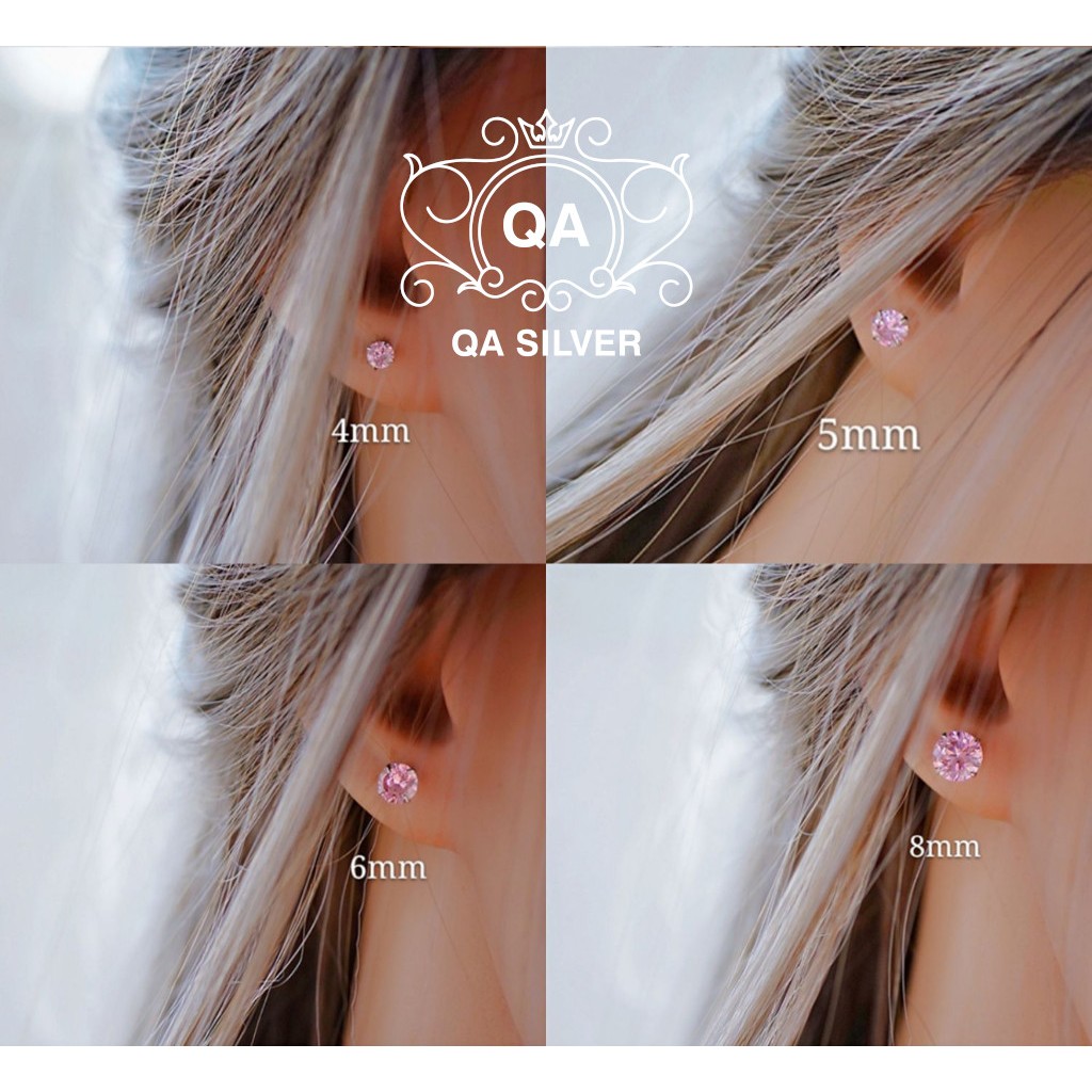 Khuyên tai bạc 925 nụ đính đá hồng tím bông nam nữ unisex S925 PINK QA SILVER Earrings EA231102