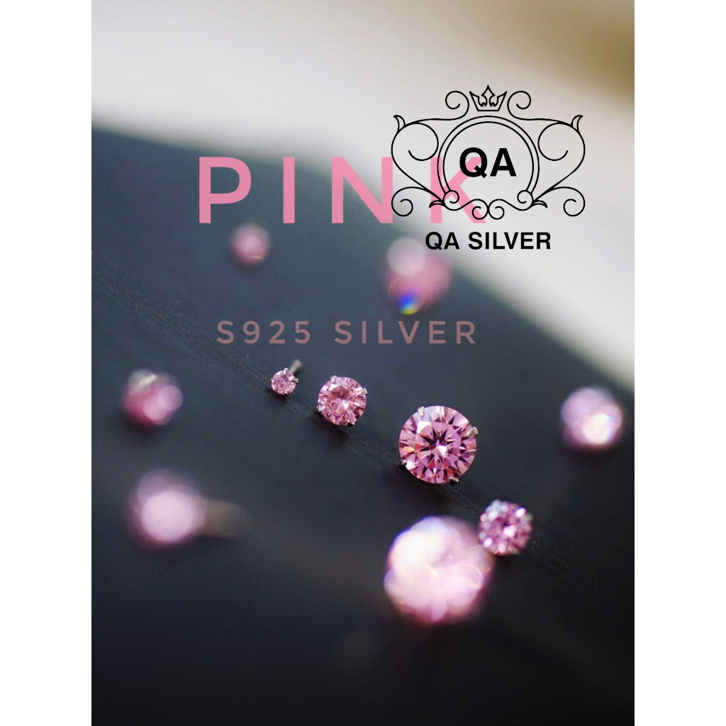Khuyên tai bạc 925 nụ đính đá hồng tím bông nam nữ unisex S925 PINK QA SILVER Earrings EA231102
