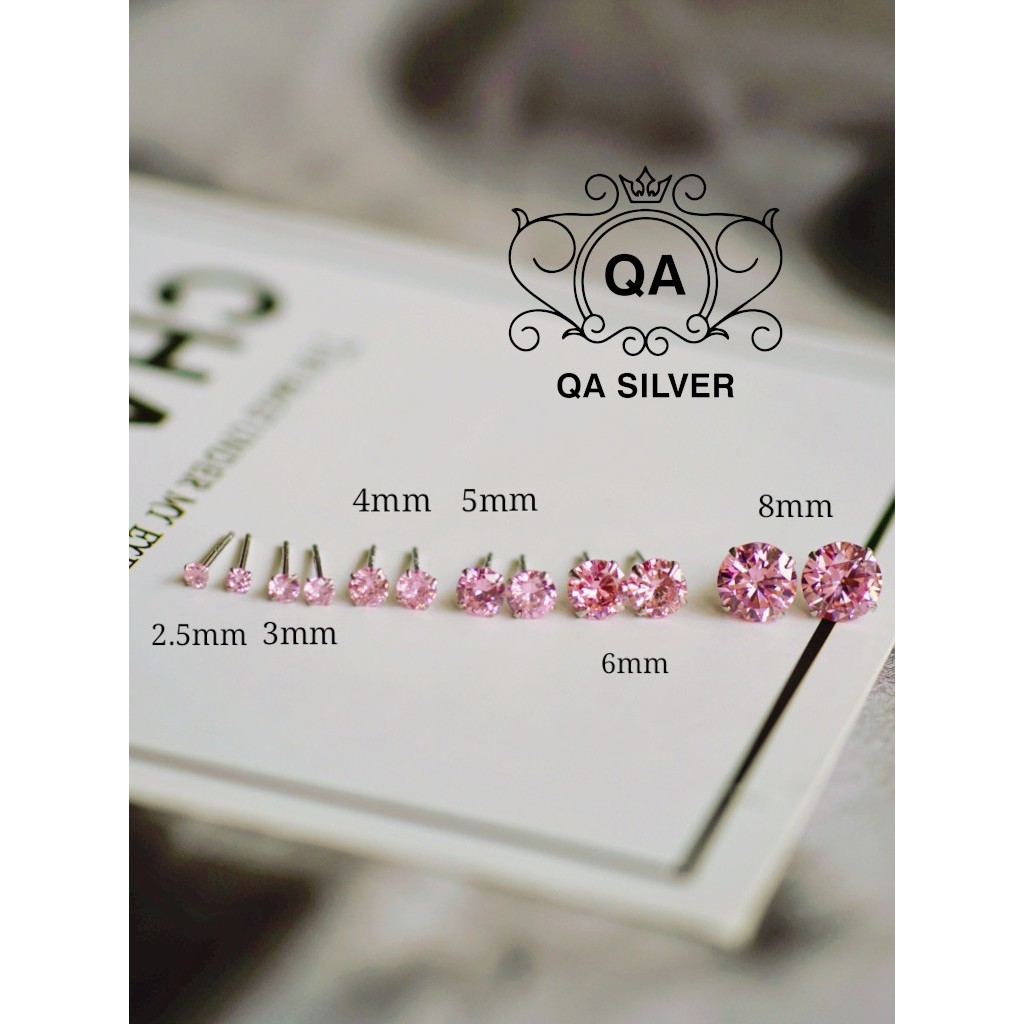 Khuyên tai bạc 925 nụ đính đá hồng tím bông nam nữ unisex S925 PINK QA SILVER Earrings EA231102