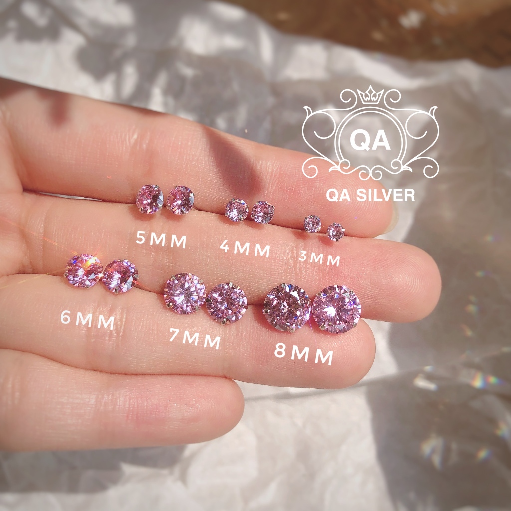 Khuyên tai bạc 925 nụ đính đá hồng tím bông nam nữ unisex S925 PINK QA SILVER Earrings EA231102