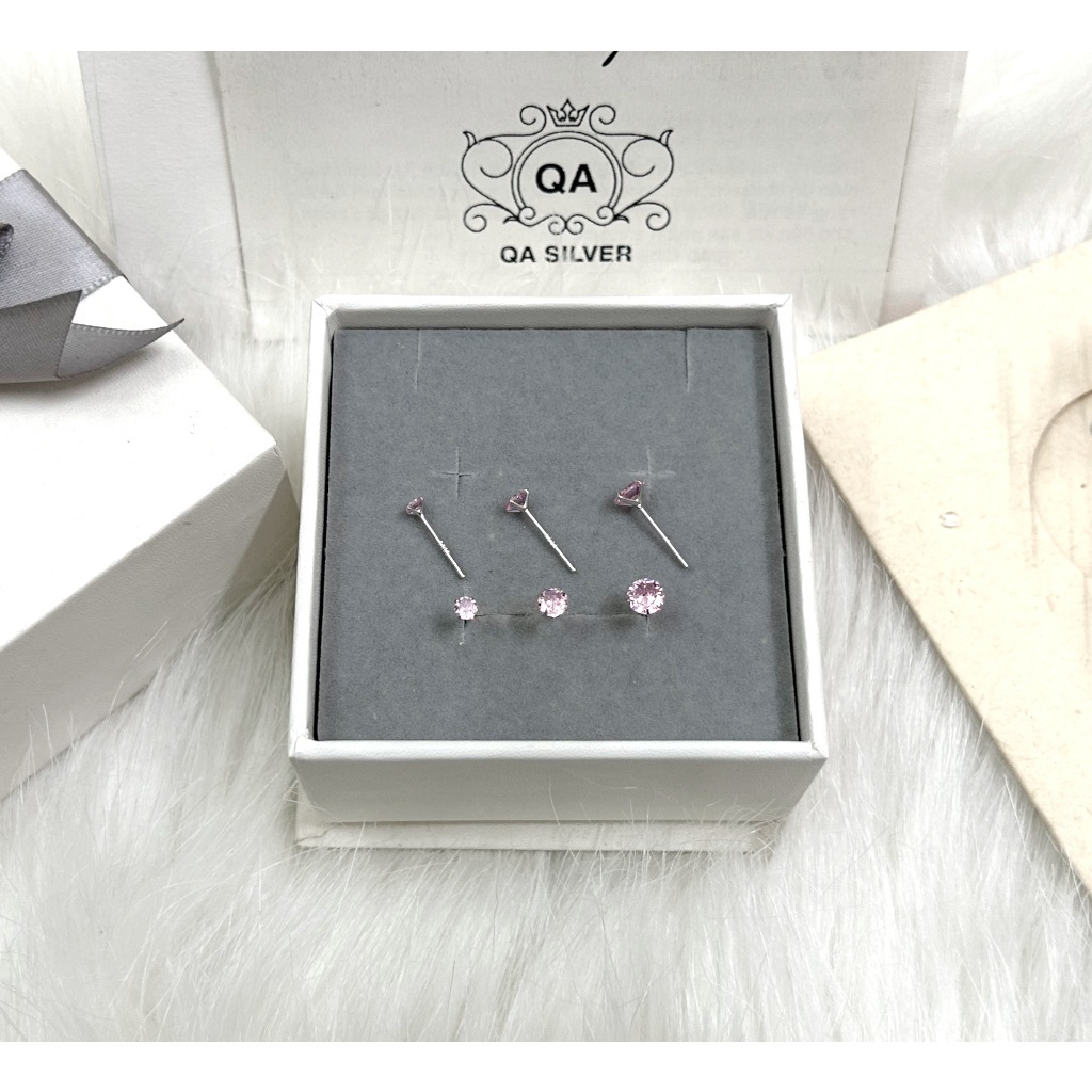 Khuyên tai bạc 925 nụ đính đá hồng tím bông nam nữ unisex S925 PINK QA SILVER Earrings EA231102