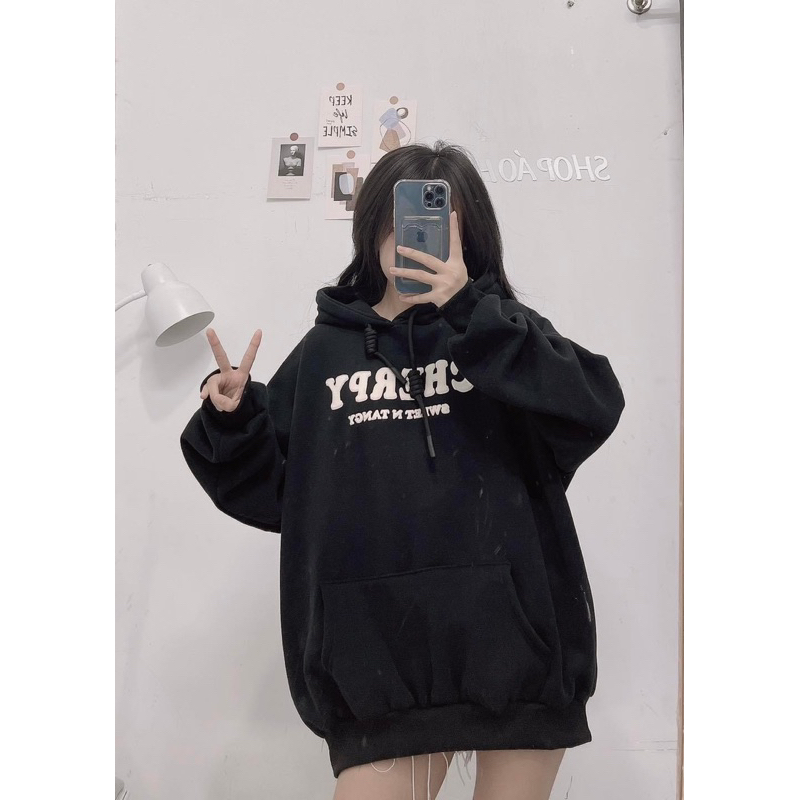 Áo hoodie quảng châu chữ in nổi Cherry dây bản to