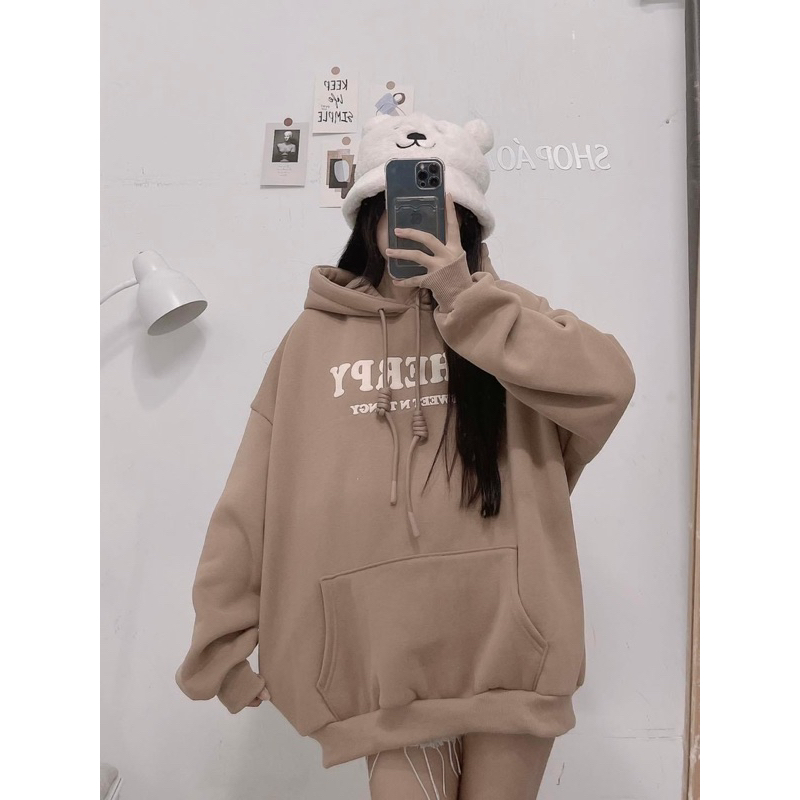 Áo hoodie quảng châu chữ in nổi Cherry dây bản to