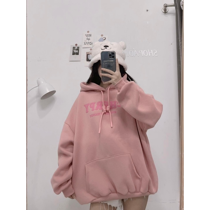 Áo hoodie quảng châu chữ in nổi Cherry dây bản to