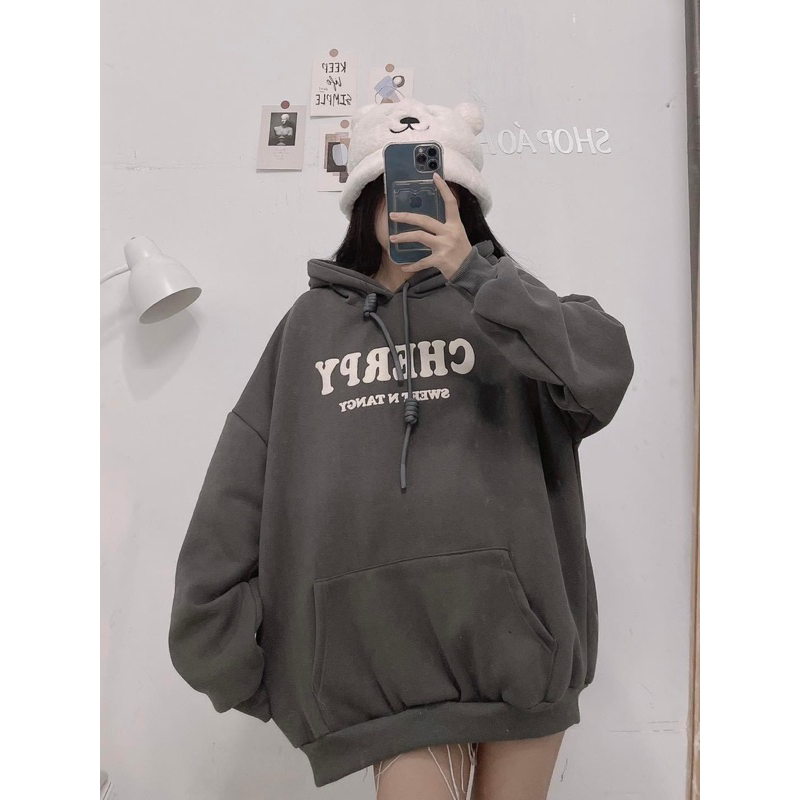 Áo hoodie quảng châu chữ in nổi Cherry dây bản to