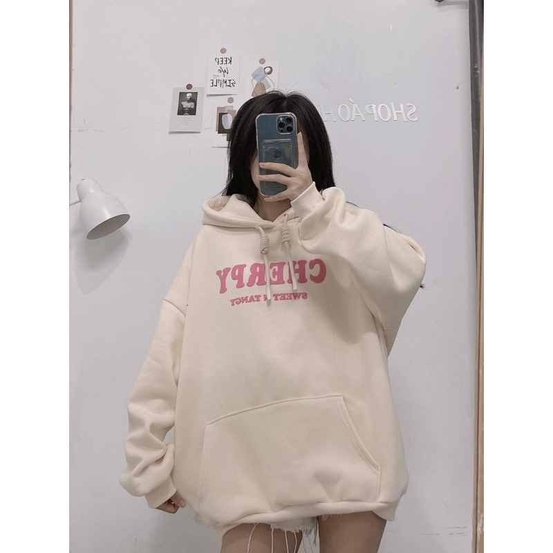 Áo hoodie quảng châu chữ in nổi Cherry dây bản to