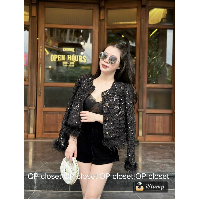 Áo khoác nhung blink phối lông nữ Sang Chảnh Tôn Dáng