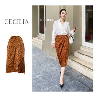 Chân váy CECILIA Design thiết kế TULIP lụa hoạ tiết dáng bút chì suông, xẻ tà, dài 70cm