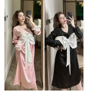 Đầm Ngủ Tiểu Thư Tay Dài Nơ Xinh Dáng Suông Chất Lụa Latin mềm mịn - Đầm Thiết Kế Freesize 40-60kg