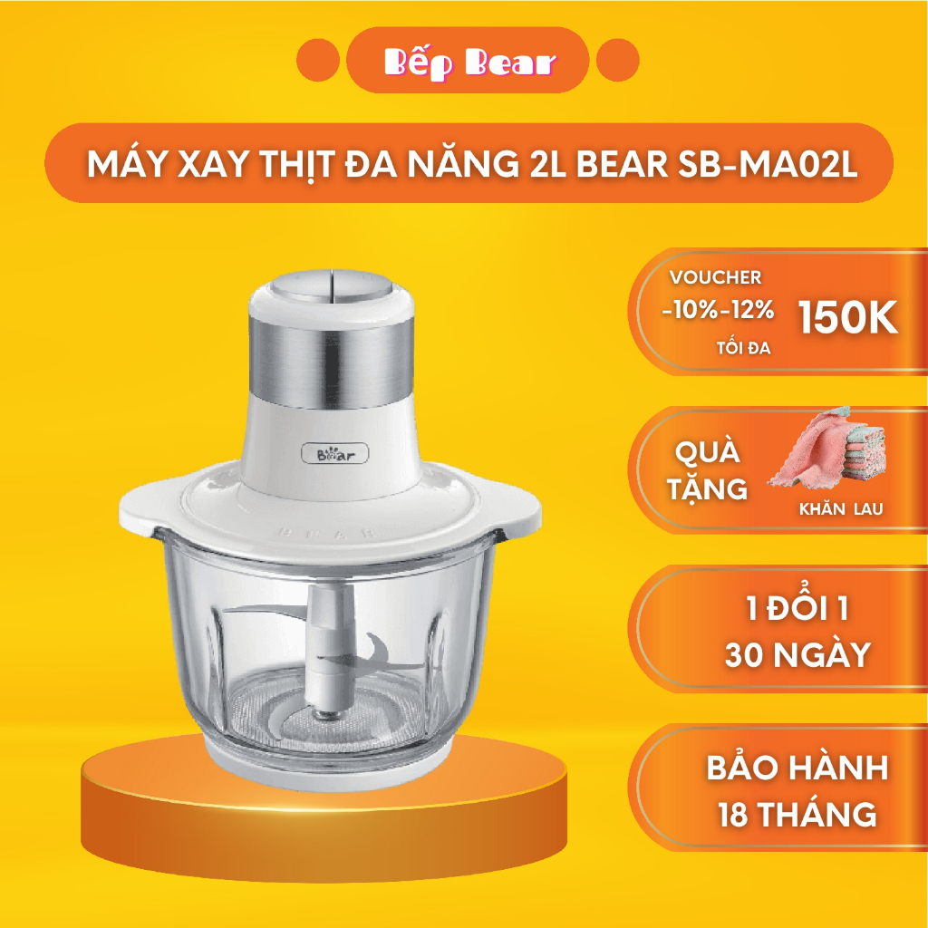 Máy Xay Thịt Đa Năng Bear 2L Cối Thủy Tinh, Dao 4 Tầng Xay Hạt Cứng Cực Nhuyễn Chống Ồn Dễ Vệ Sinh Công Suất 300W