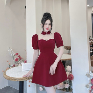 Váy nhung phối lưới chấm bi cổ bẻ